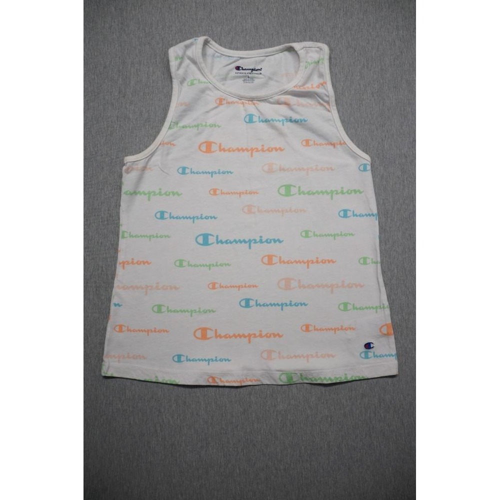 Champion Tank Top Shirt Womens Large White Activewear Spell Out All Over Print